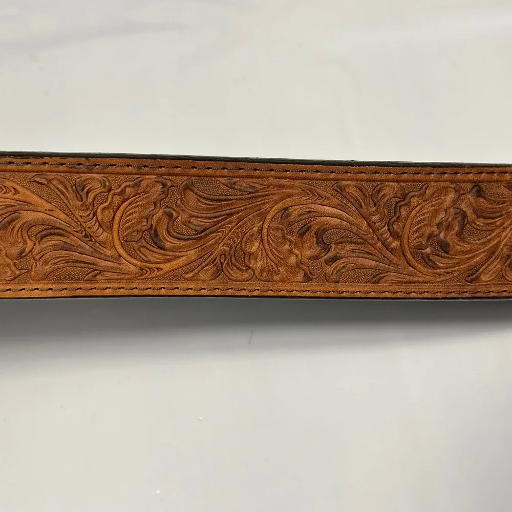 Justin Trophy Belt Mens 32 Brown Floral Embossed Leather Silver Buckle Excellent